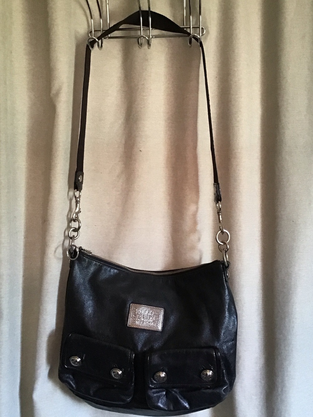 Black Leather Coach Crossbody Bag with Front Pockets